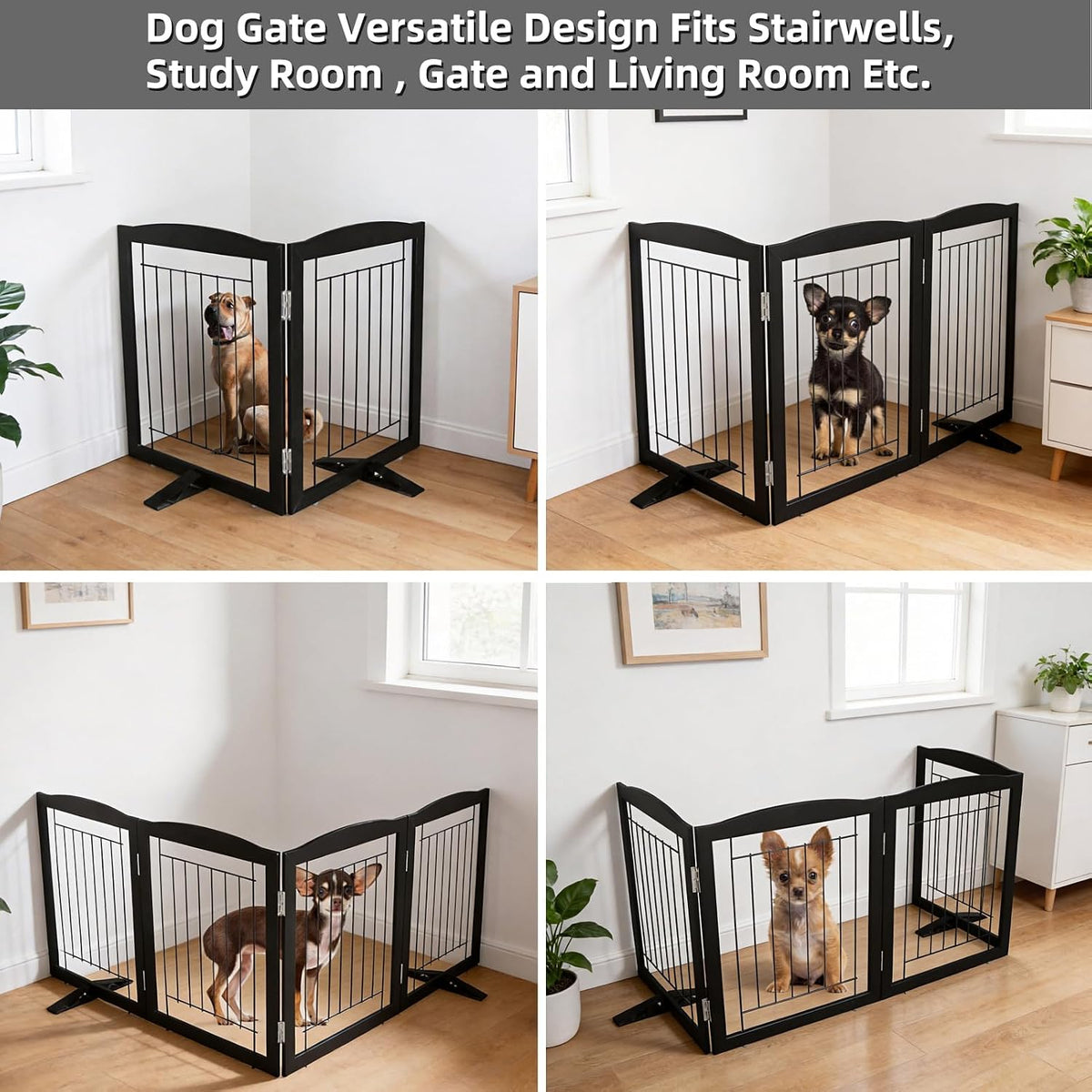 Freestanding Dog Fence Indoor, Foldable Dog Gate for Doorways, Stairs or Hallways, Sturdy Wood Extra Wide Pet Gate with Support Feet for The House, White, 24 "Height-3 Panels