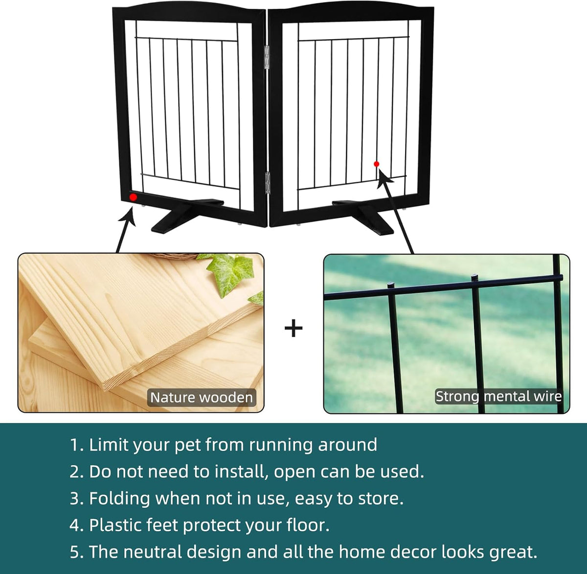 Freestanding Dog Fence Indoor, Foldable Dog Gate for Doorways, Stairs or Hallways, Sturdy Wood Extra Wide Pet Gate with Support Feet for The House, White, 24 "Height-3 Panels
