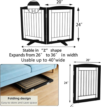 Freestanding Dog Fence Indoor, Foldable Dog Gate for Doorways, Stairs or Hallways, Sturdy Wood Extra Wide Pet Gate with Support Feet for The House, White, 24 "Height-3 Panels