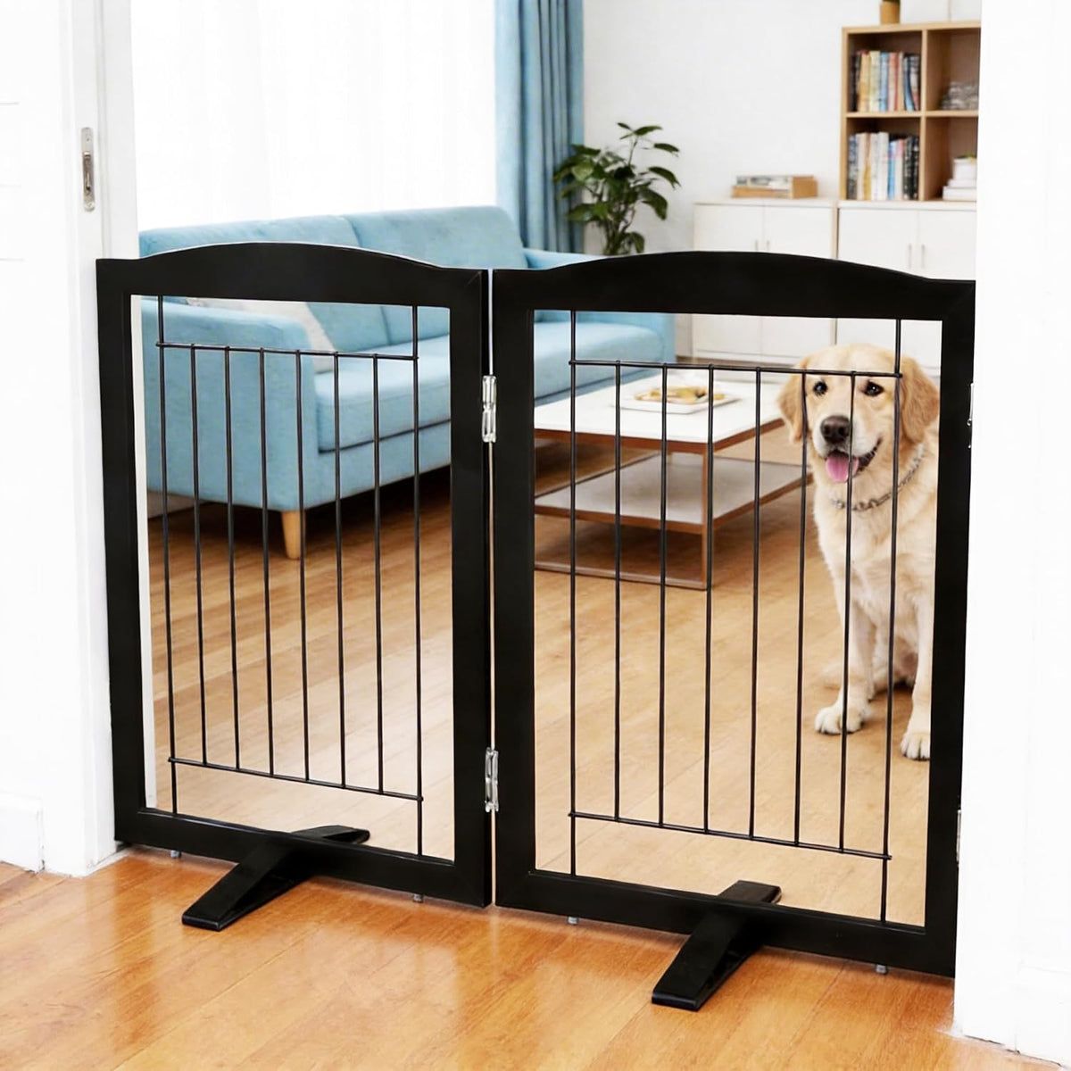 Freestanding Dog Fence Indoor, Foldable Dog Gate for Doorways, Stairs or Hallways, Sturdy Wood Extra Wide Pet Gate with Support Feet for The House, White, 24 "Height-3 Panels