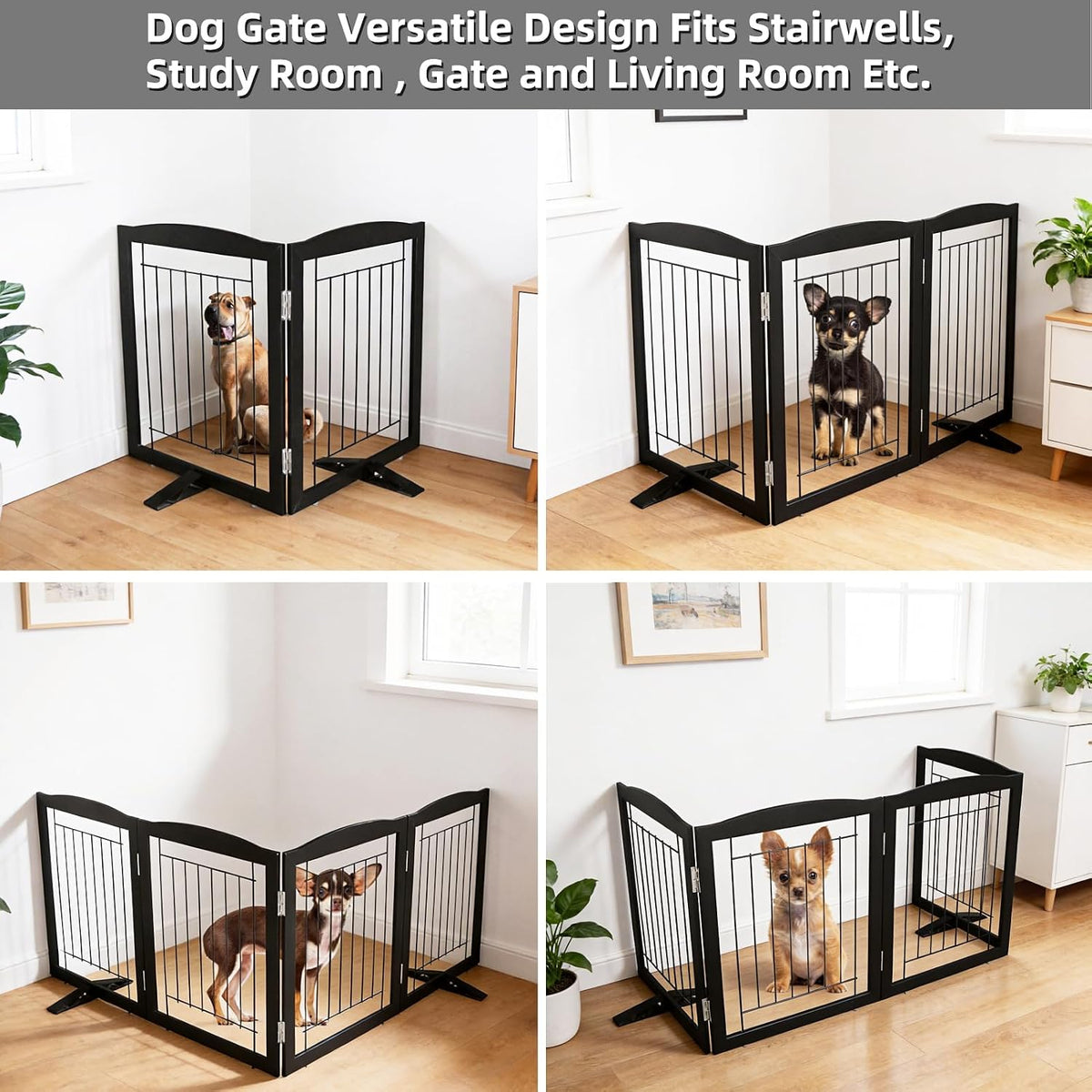 Freestanding Dog Fence Indoor, Foldable Dog Gate for Doorways, Stairs or Hallways, Sturdy Wood Extra Wide Pet Gate with Support Feet for The House, White, 24 "Height-3 Panels