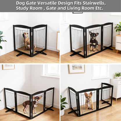 Freestanding Dog Fence Indoor, Foldable Dog Gate for Doorways, Stairs or Hallways, Sturdy Wood Extra Wide Pet Gate with Support Feet for The House, White, 24 "Height-3 Panels