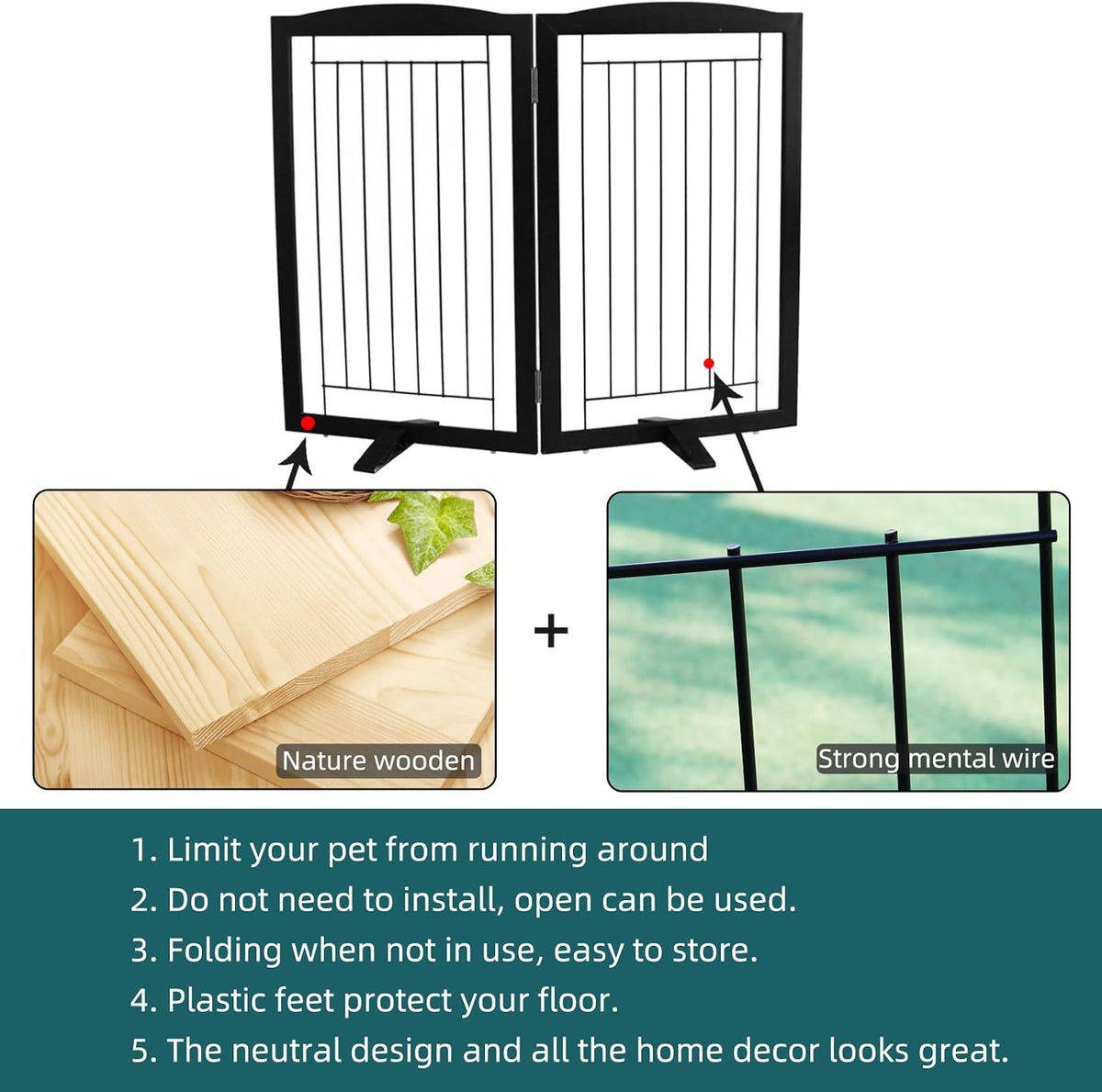 Freestanding Dog Fence Indoor, Foldable Dog Gate for Doorways, Stairs or Hallways, Sturdy Wood Extra Wide Pet Gate with Support Feet for The House, White, 24 "Height-3 Panels