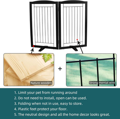 Freestanding Dog Fence Indoor, Foldable Dog Gate for Doorways, Stairs or Hallways, Sturdy Wood Extra Wide Pet Gate with Support Feet for The House, White, 24 "Height-3 Panels
