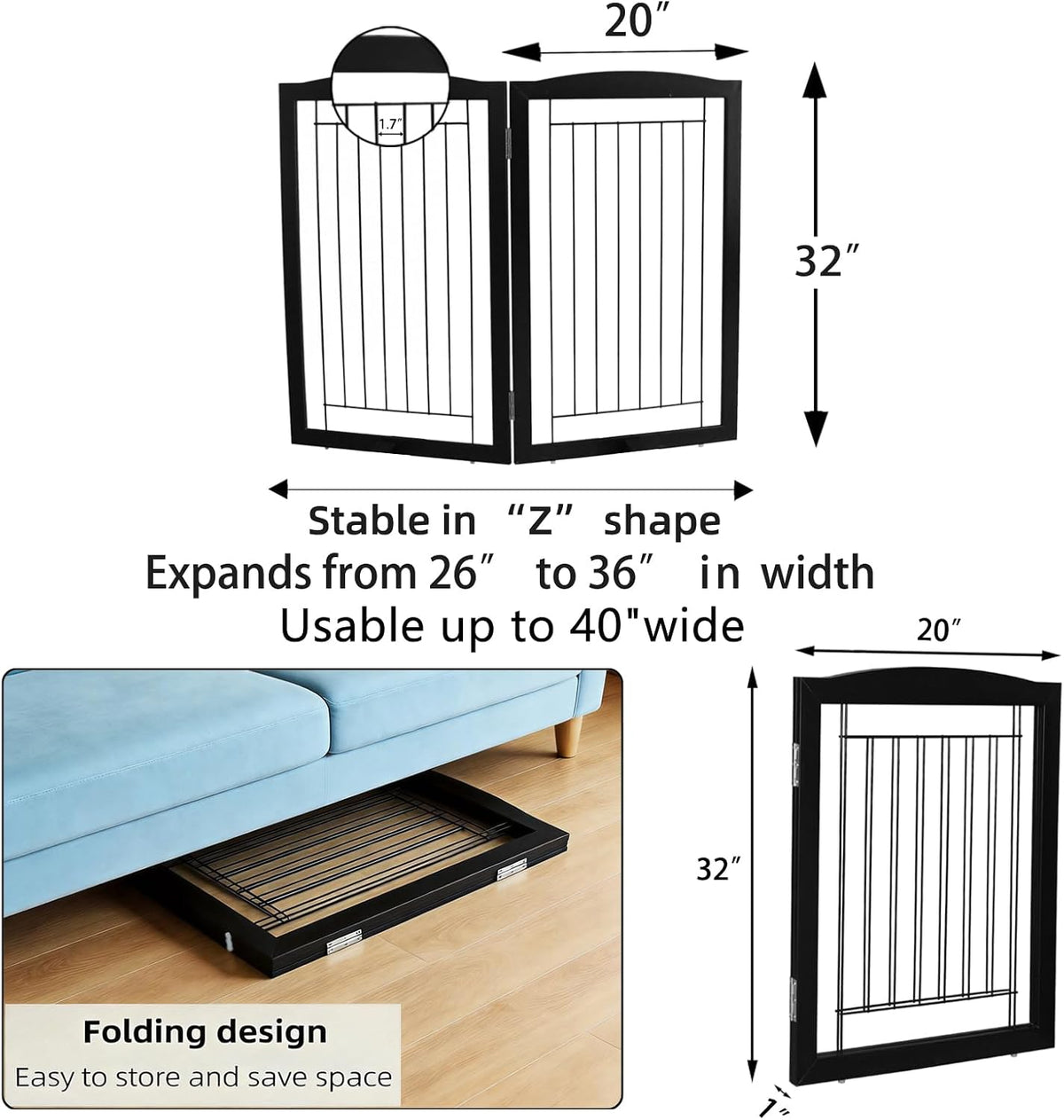 Freestanding Dog Fence Indoor, Foldable Dog Gate for Doorways, Stairs or Hallways, Sturdy Wood Extra Wide Pet Gate with Support Feet for The House, White, 24 "Height-3 Panels
