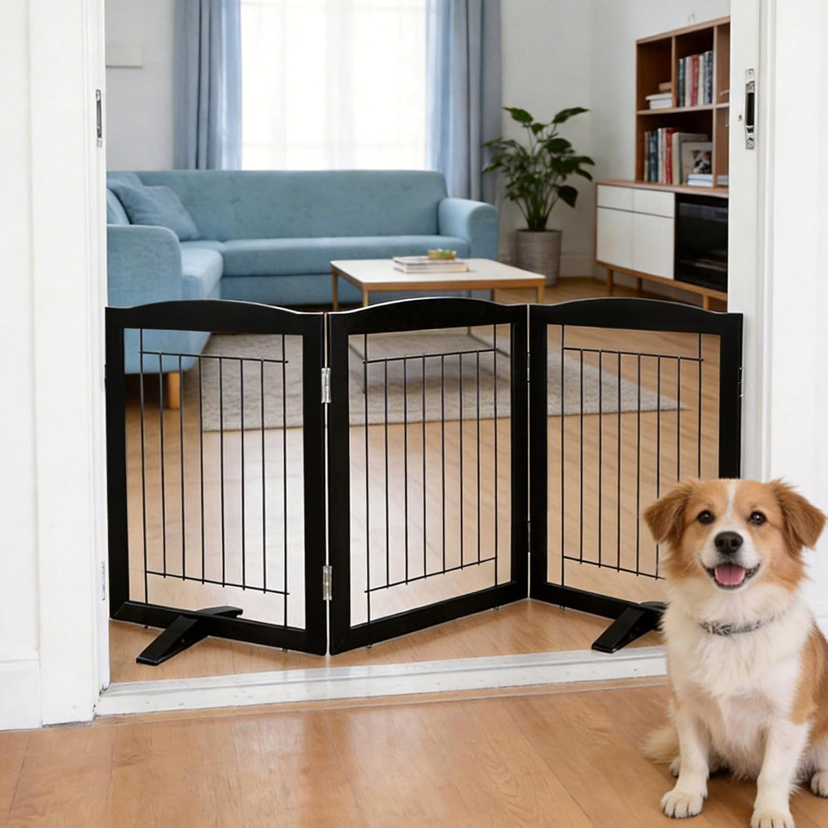 Freestanding Dog Fence Indoor, Foldable Dog Gate for Doorways, Stairs or Hallways, Sturdy Wood Extra Wide Pet Gate with Support Feet for The House, White, 24 "Height-3 Panels