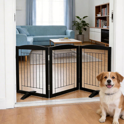 Freestanding Dog Fence Indoor, Foldable Dog Gate for Doorways, Stairs or Hallways, Sturdy Wood Extra Wide Pet Gate with Support Feet for The House, White, 24 "Height-3 Panels