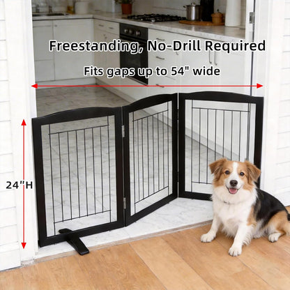 Freestanding Dog Fence Indoor, Foldable Dog Gate for Doorways, Stairs or Hallways, Sturdy Wood Extra Wide Pet Gate with Support Feet for The House, White, 24 "Height-3 Panels