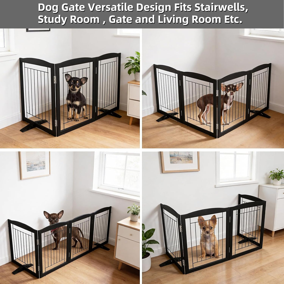 Freestanding Dog Fence Indoor, Foldable Dog Gate for Doorways, Stairs or Hallways, Sturdy Wood Extra Wide Pet Gate with Support Feet for The House, White, 24 "Height-3 Panels