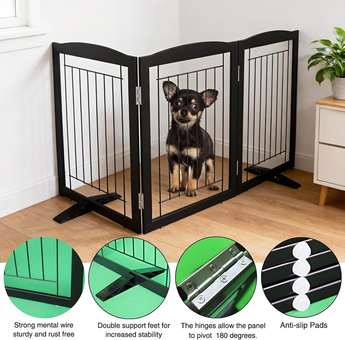 Freestanding Dog Fence Indoor, Foldable Dog Gate for Doorways, Stairs or Hallways, Sturdy Wood Extra Wide Pet Gate with Support Feet for The House, White, 24 "Height-3 Panels