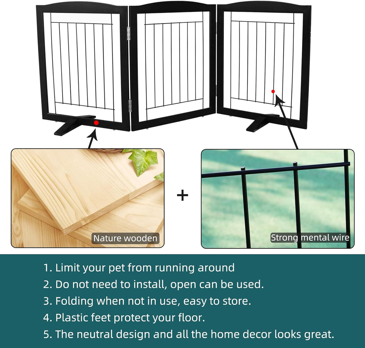 Freestanding Dog Fence Indoor, Foldable Dog Gate for Doorways, Stairs or Hallways, Sturdy Wood Extra Wide Pet Gate with Support Feet for The House, White, 24 "Height-3 Panels