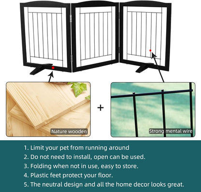 Freestanding Dog Fence Indoor, Foldable Dog Gate for Doorways, Stairs or Hallways, Sturdy Wood Extra Wide Pet Gate with Support Feet for The House, White, 24 "Height-3 Panels