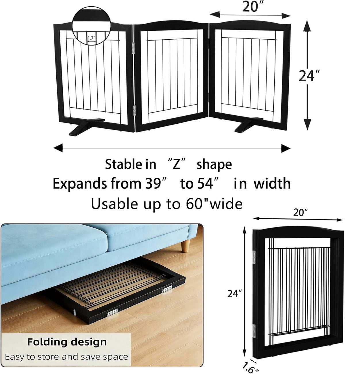 Freestanding Dog Fence Indoor, Foldable Dog Gate for Doorways, Stairs or Hallways, Sturdy Wood Extra Wide Pet Gate with Support Feet for The House, White, 24 "Height-3 Panels