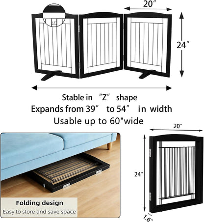Freestanding Dog Fence Indoor, Foldable Dog Gate for Doorways, Stairs or Hallways, Sturdy Wood Extra Wide Pet Gate with Support Feet for The House, White, 24 "Height-3 Panels