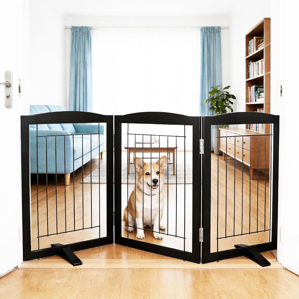 Freestanding Dog Fence Indoor, Foldable Dog Gate for Doorways, Stairs or Hallways, Sturdy Wood Extra Wide Pet Gate with Support Feet for The House, White, 24 "Height-3 Panels