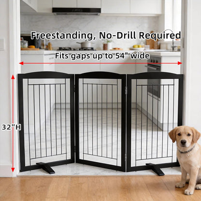 Freestanding Dog Fence Indoor, Foldable Dog Gate for Doorways, Stairs or Hallways, Sturdy Wood Extra Wide Pet Gate with Support Feet for The House, White, 24 "Height-3 Panels