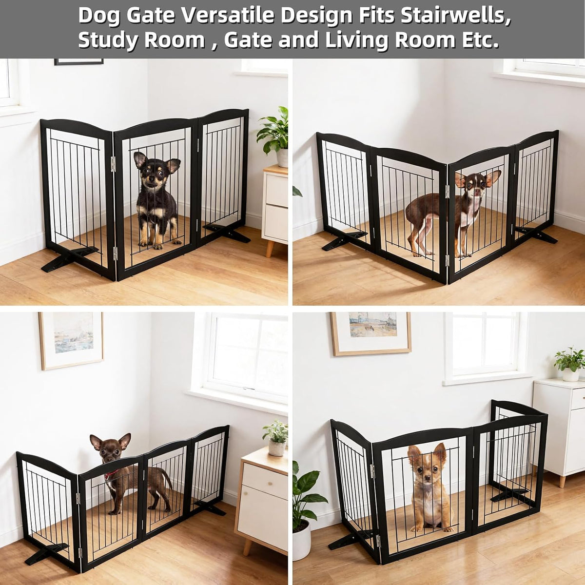 Freestanding Dog Fence Indoor, Foldable Dog Gate for Doorways, Stairs or Hallways, Sturdy Wood Extra Wide Pet Gate with Support Feet for The House, White, 24 "Height-3 Panels
