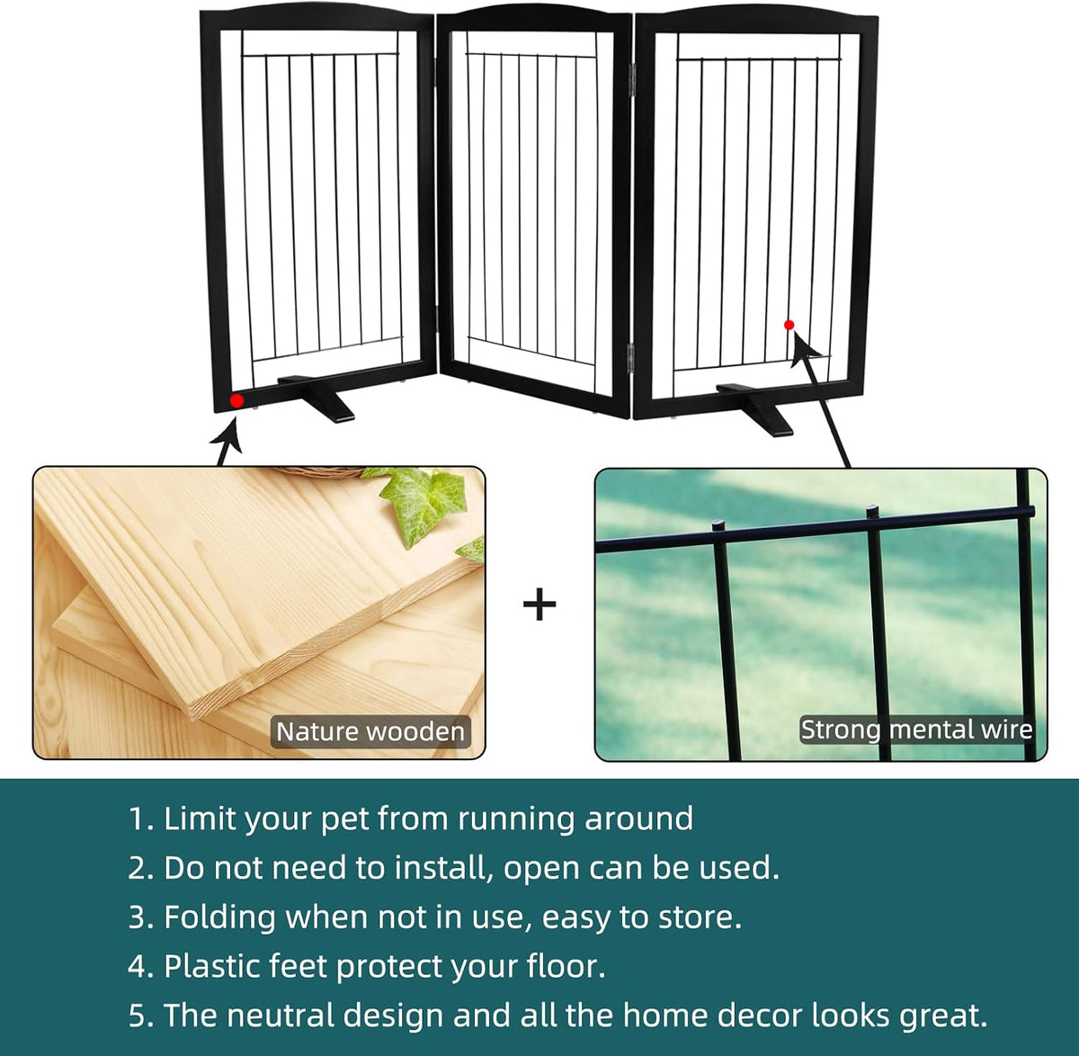 Freestanding Dog Fence Indoor, Foldable Dog Gate for Doorways, Stairs or Hallways, Sturdy Wood Extra Wide Pet Gate with Support Feet for The House, White, 24 "Height-3 Panels