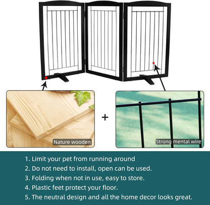 Freestanding Dog Fence Indoor, Foldable Dog Gate for Doorways, Stairs or Hallways, Sturdy Wood Extra Wide Pet Gate with Support Feet for The House, White, 24 "Height-3 Panels