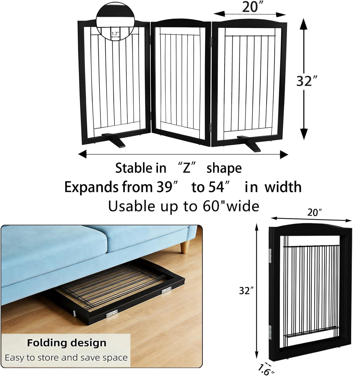 Freestanding Dog Fence Indoor, Foldable Dog Gate for Doorways, Stairs or Hallways, Sturdy Wood Extra Wide Pet Gate with Support Feet for The House, White, 24 "Height-3 Panels