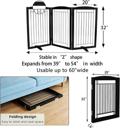 Freestanding Dog Fence Indoor, Foldable Dog Gate for Doorways, Stairs or Hallways, Sturdy Wood Extra Wide Pet Gate with Support Feet for The House, White, 24 "Height-3 Panels