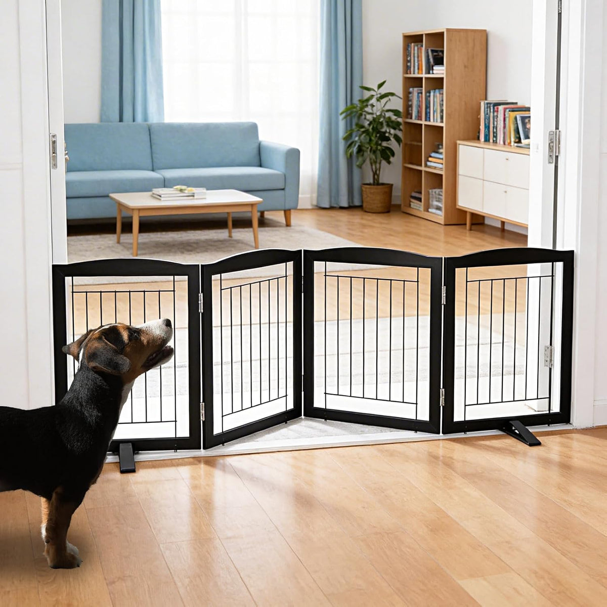 Freestanding Dog Fence Indoor, Foldable Dog Gate for Doorways, Stairs or Hallways, Sturdy Wood Extra Wide Pet Gate with Support Feet for The House, White, 24 "Height-3 Panels