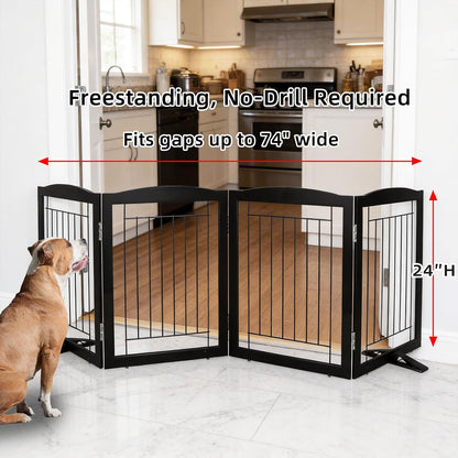 Freestanding Dog Fence Indoor, Foldable Dog Gate for Doorways, Stairs or Hallways, Sturdy Wood Extra Wide Pet Gate with Support Feet for The House, White, 24 "Height-3 Panels
