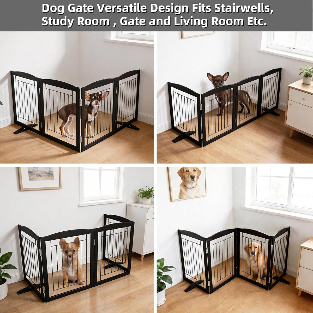 Freestanding Dog Fence Indoor, Foldable Dog Gate for Doorways, Stairs or Hallways, Sturdy Wood Extra Wide Pet Gate with Support Feet for The House, White, 24 "Height-3 Panels