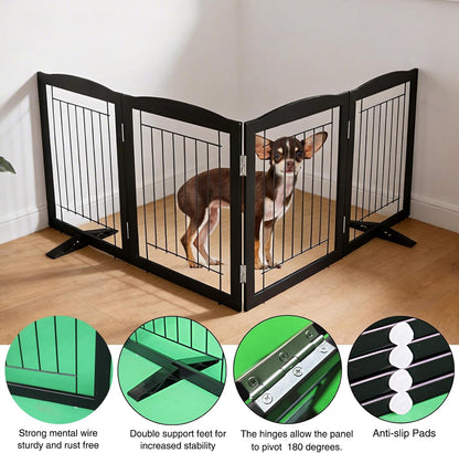 Freestanding Dog Fence Indoor, Foldable Dog Gate for Doorways, Stairs or Hallways, Sturdy Wood Extra Wide Pet Gate with Support Feet for The House, White, 24 "Height-3 Panels