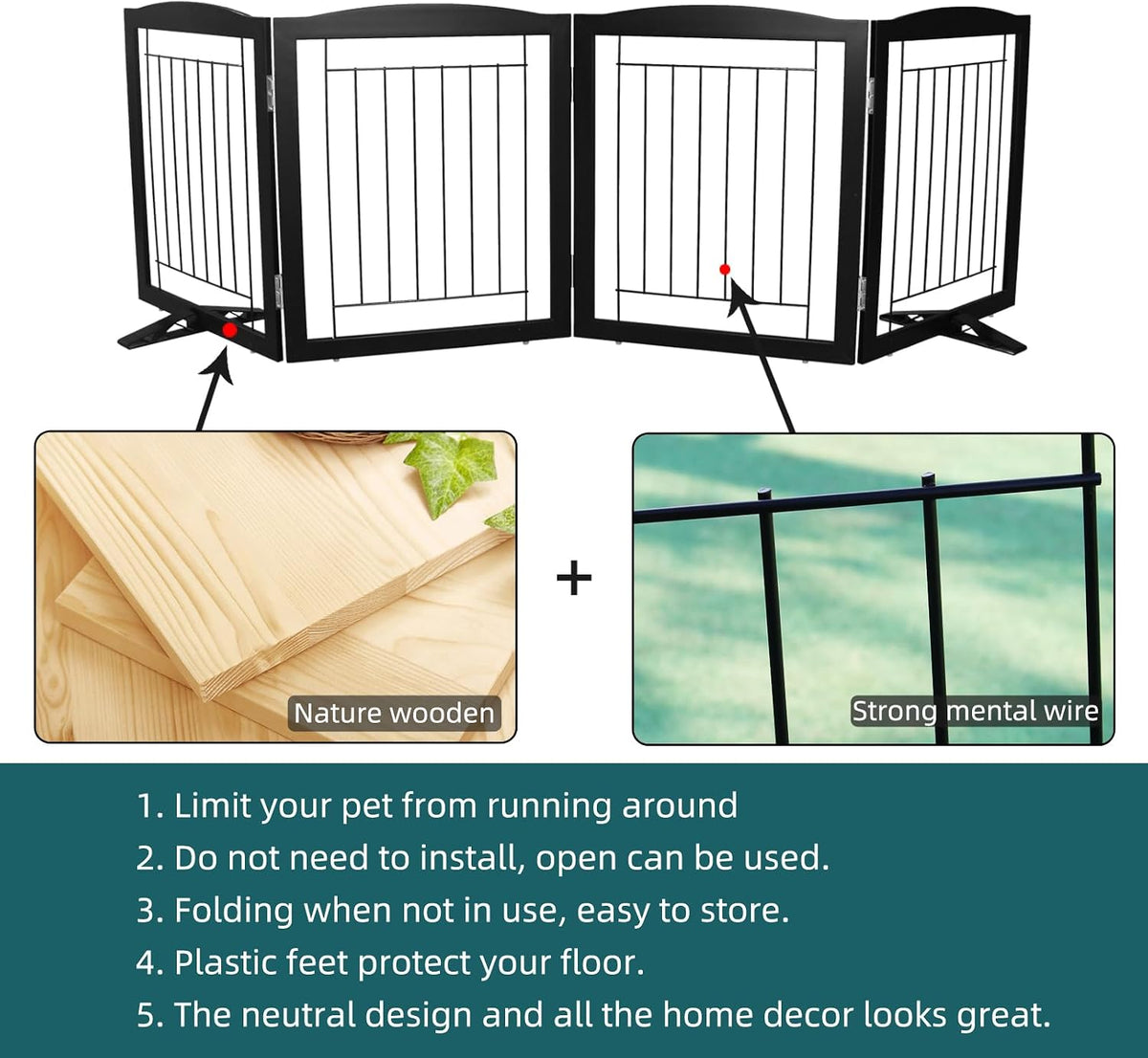 Freestanding Dog Fence Indoor, Foldable Dog Gate for Doorways, Stairs or Hallways, Sturdy Wood Extra Wide Pet Gate with Support Feet for The House, White, 24 "Height-3 Panels