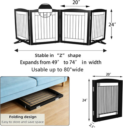Freestanding Dog Fence Indoor, Foldable Dog Gate for Doorways, Stairs or Hallways, Sturdy Wood Extra Wide Pet Gate with Support Feet for The House, White, 24 "Height-3 Panels