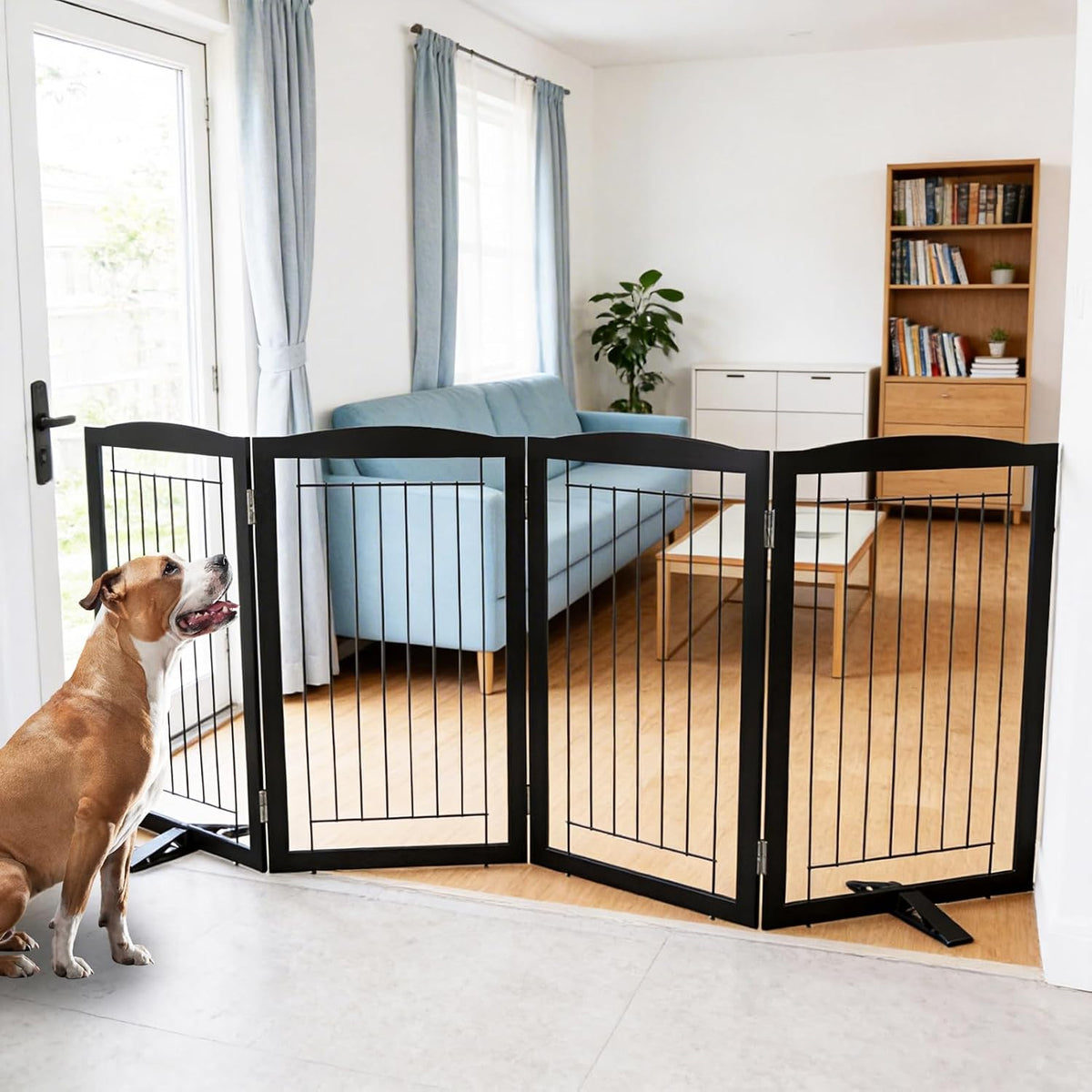 Freestanding Dog Fence Indoor, Foldable Dog Gate for Doorways, Stairs or Hallways, Sturdy Wood Extra Wide Pet Gate with Support Feet for The House, White, 24 "Height-3 Panels