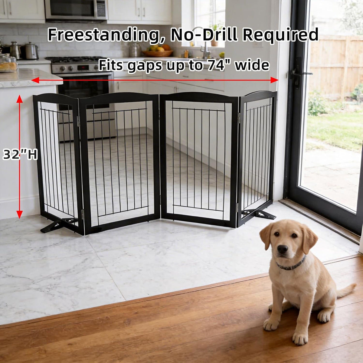 Freestanding Dog Fence Indoor, Foldable Dog Gate for Doorways, Stairs or Hallways, Sturdy Wood Extra Wide Pet Gate with Support Feet for The House, White, 24 "Height-3 Panels
