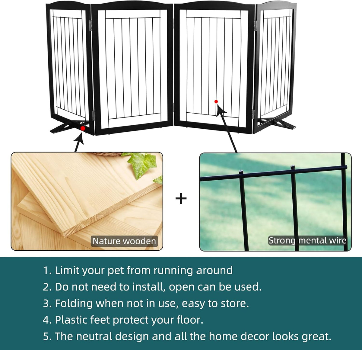 Freestanding Dog Fence Indoor, Foldable Dog Gate for Doorways, Stairs or Hallways, Sturdy Wood Extra Wide Pet Gate with Support Feet for The House, White, 24 "Height-3 Panels