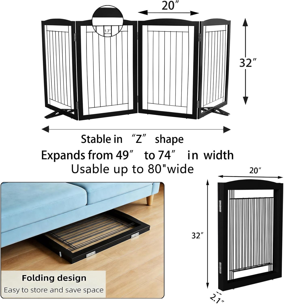 Freestanding Dog Fence Indoor, Foldable Dog Gate for Doorways, Stairs or Hallways, Sturdy Wood Extra Wide Pet Gate with Support Feet for The House, White, 24 "Height-3 Panels