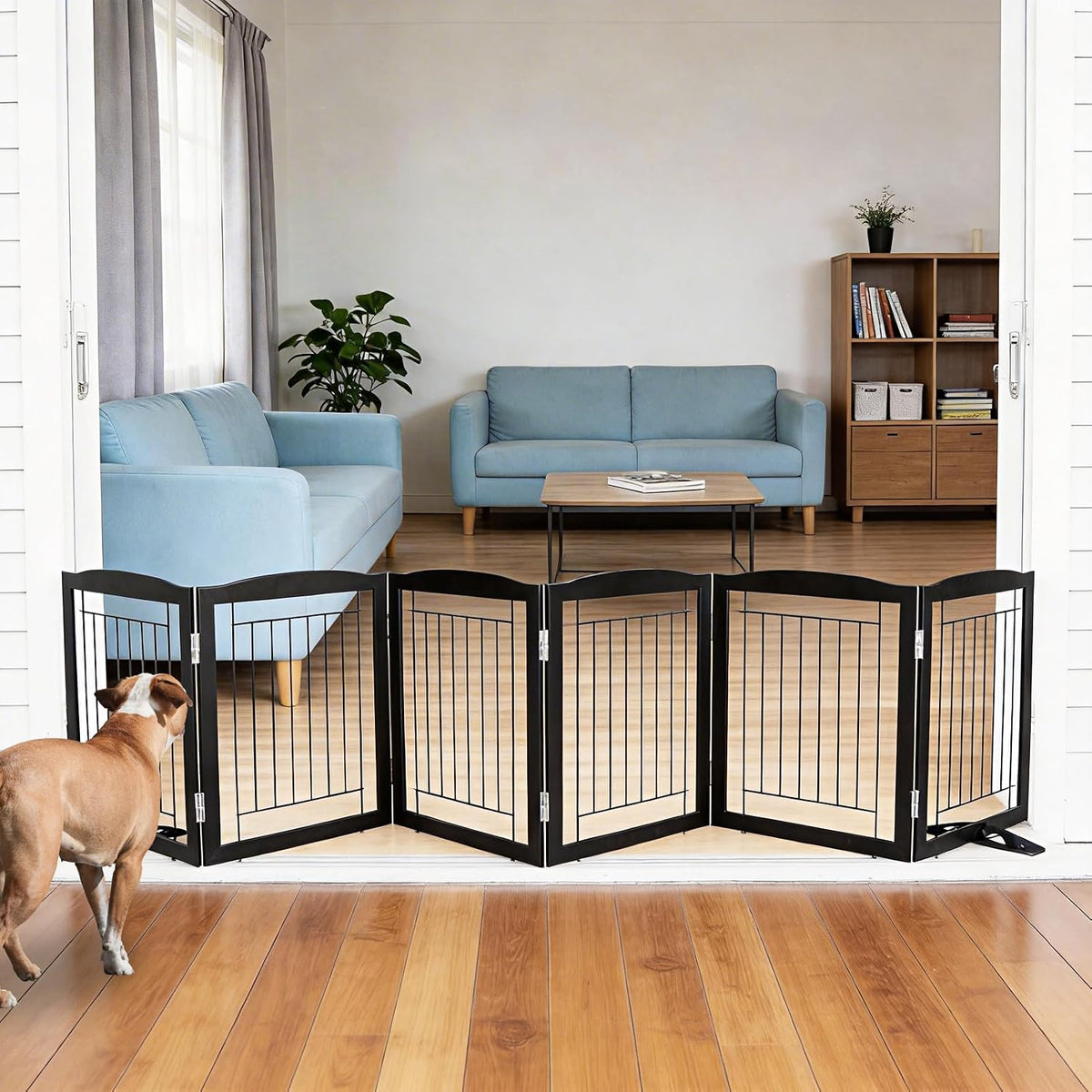 Freestanding Dog Fence Indoor, Foldable Dog Gate for Doorways, Stairs or Hallways, Sturdy Wood Extra Wide Pet Gate with Support Feet for The House, White, 24 "Height-3 Panels