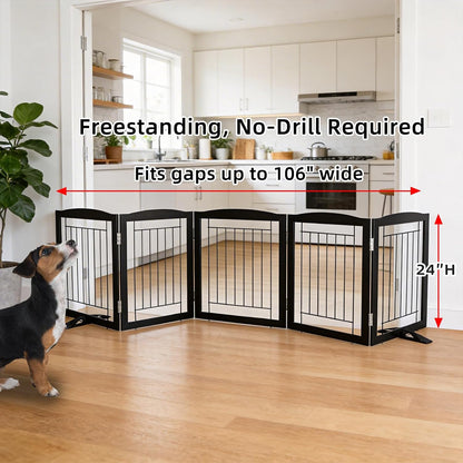 Freestanding Dog Fence Indoor, Foldable Dog Gate for Doorways, Stairs or Hallways, Sturdy Wood Extra Wide Pet Gate with Support Feet for The House, White, 24 "Height-3 Panels