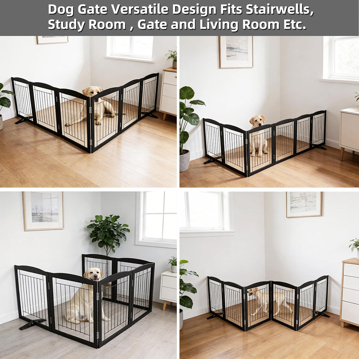 Freestanding Dog Fence Indoor, Foldable Dog Gate for Doorways, Stairs or Hallways, Sturdy Wood Extra Wide Pet Gate with Support Feet for The House, White, 24 "Height-3 Panels
