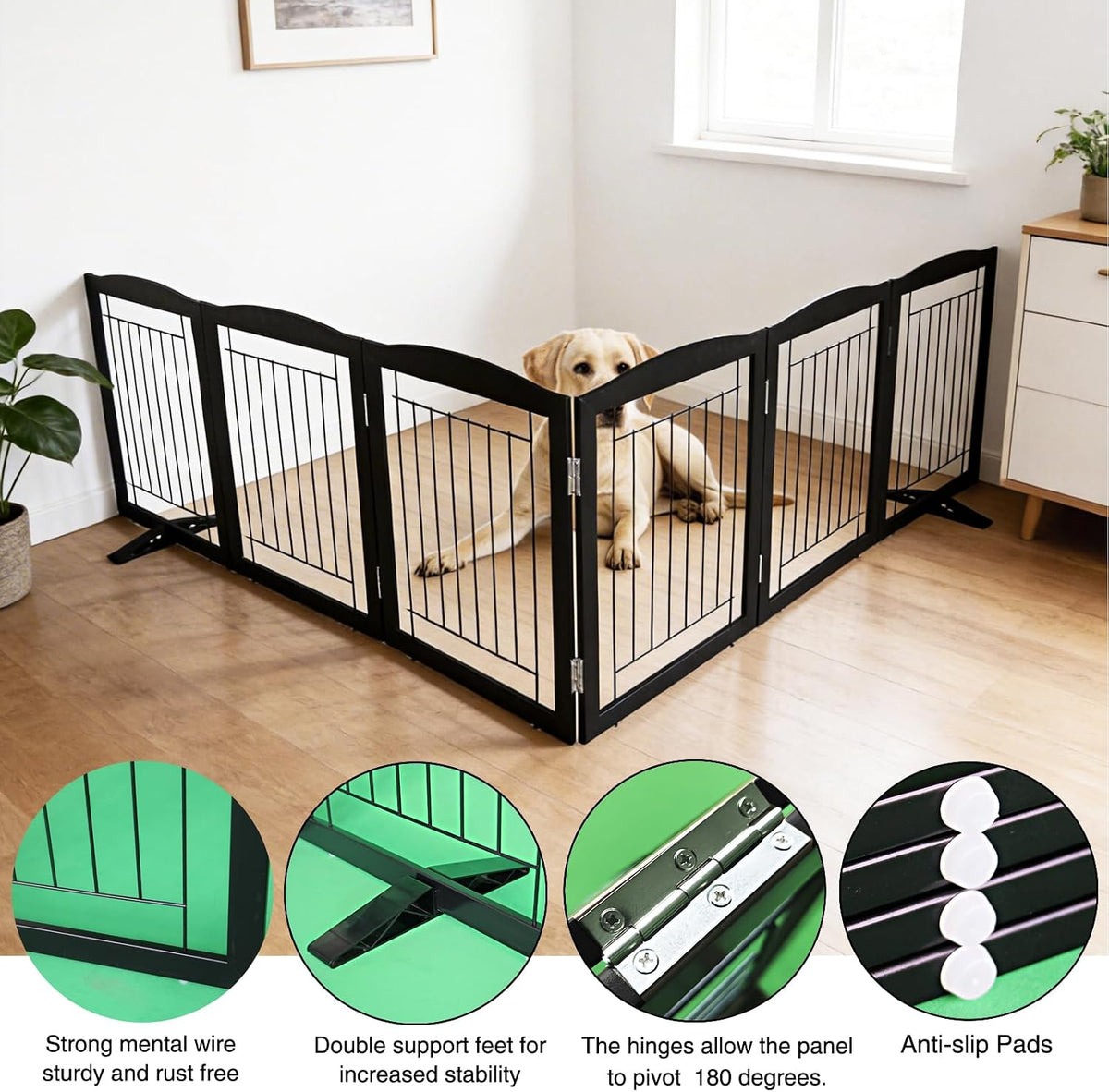 Freestanding Dog Fence Indoor, Foldable Dog Gate for Doorways, Stairs or Hallways, Sturdy Wood Extra Wide Pet Gate with Support Feet for The House, White, 24 "Height-3 Panels