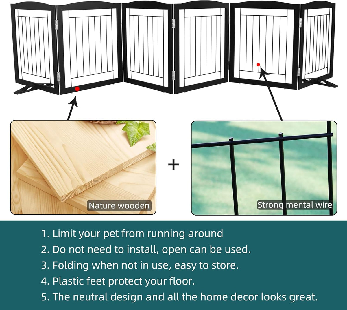 Freestanding Dog Fence Indoor, Foldable Dog Gate for Doorways, Stairs or Hallways, Sturdy Wood Extra Wide Pet Gate with Support Feet for The House, White, 24 "Height-3 Panels