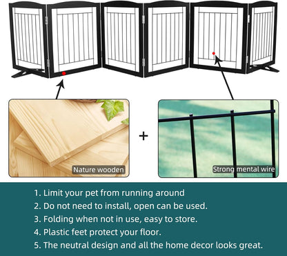 Freestanding Dog Fence Indoor, Foldable Dog Gate for Doorways, Stairs or Hallways, Sturdy Wood Extra Wide Pet Gate with Support Feet for The House, White, 24 "Height-3 Panels