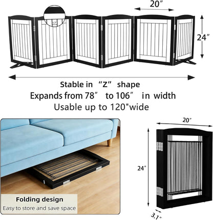 Freestanding Dog Fence Indoor, Foldable Dog Gate for Doorways, Stairs or Hallways, Sturdy Wood Extra Wide Pet Gate with Support Feet for The House, White, 24 "Height-3 Panels