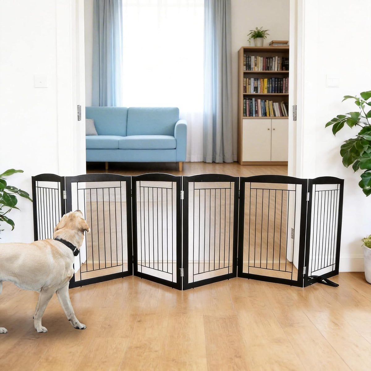 Freestanding Dog Fence Indoor, Foldable Dog Gate for Doorways, Stairs or Hallways, Sturdy Wood Extra Wide Pet Gate with Support Feet for The House, White, 24 "Height-3 Panels