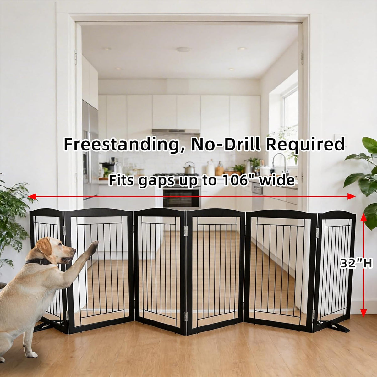 Freestanding Dog Fence Indoor, Foldable Dog Gate for Doorways, Stairs or Hallways, Sturdy Wood Extra Wide Pet Gate with Support Feet for The House, White, 24 "Height-3 Panels
