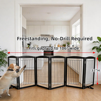Freestanding Dog Fence Indoor, Foldable Dog Gate for Doorways, Stairs or Hallways, Sturdy Wood Extra Wide Pet Gate with Support Feet for The House, White, 24 "Height-3 Panels