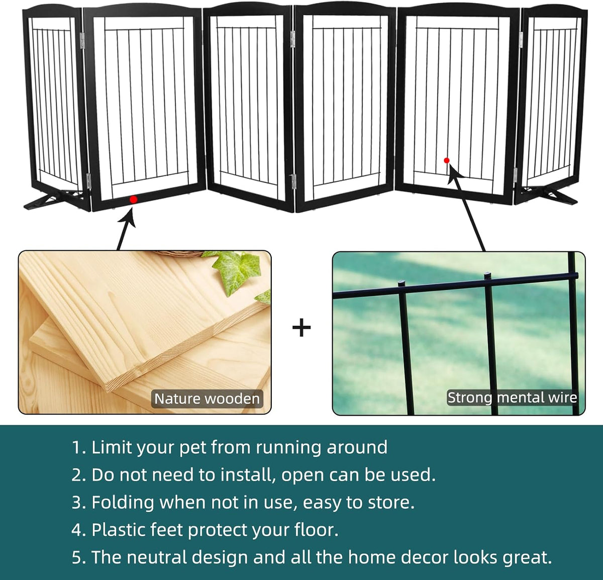 Freestanding Dog Fence Indoor, Foldable Dog Gate for Doorways, Stairs or Hallways, Sturdy Wood Extra Wide Pet Gate with Support Feet for The House, White, 24 "Height-3 Panels