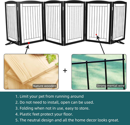 Freestanding Dog Fence Indoor, Foldable Dog Gate for Doorways, Stairs or Hallways, Sturdy Wood Extra Wide Pet Gate with Support Feet for The House, White, 24 "Height-3 Panels