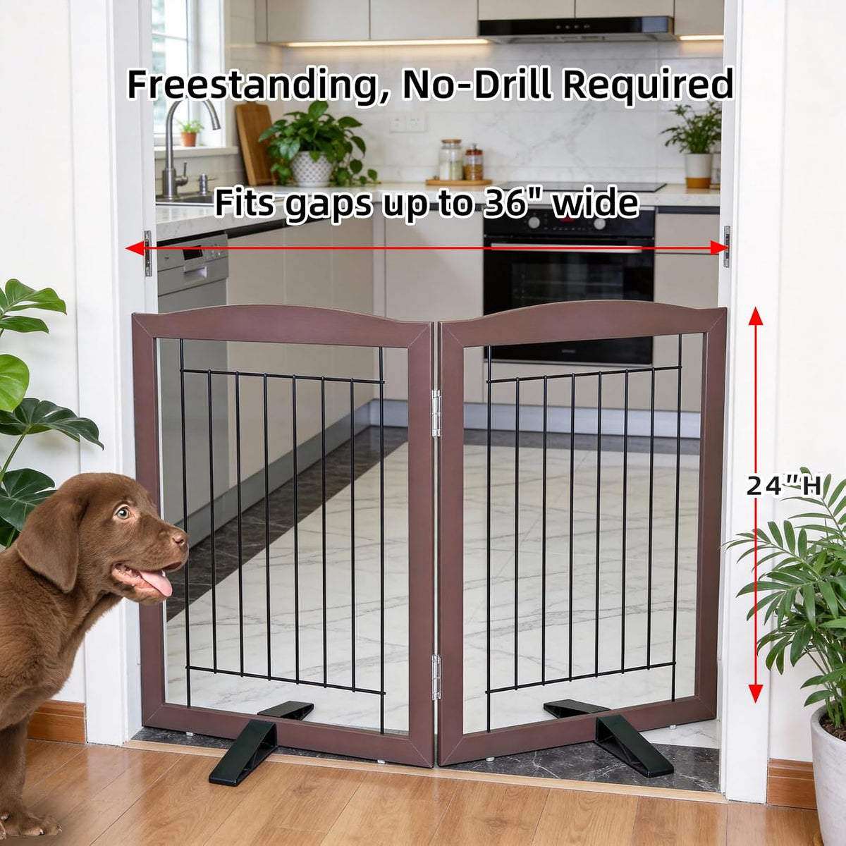 Freestanding Dog Fence Indoor, Foldable Dog Gate for Doorways, Stairs or Hallways, Sturdy Wood Extra Wide Pet Gate with Support Feet for The House, White, 24 "Height-3 Panels