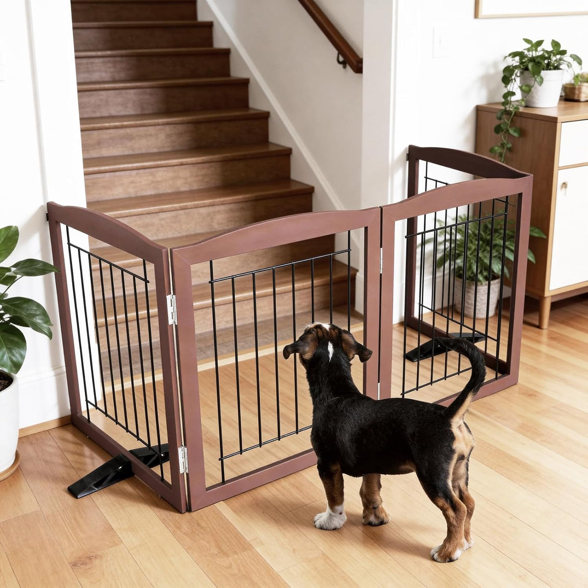 Freestanding Dog Fence Indoor, Foldable Dog Gate for Doorways, Stairs or Hallways, Sturdy Wood Extra Wide Pet Gate with Support Feet for The House, White, 24 "Height-3 Panels