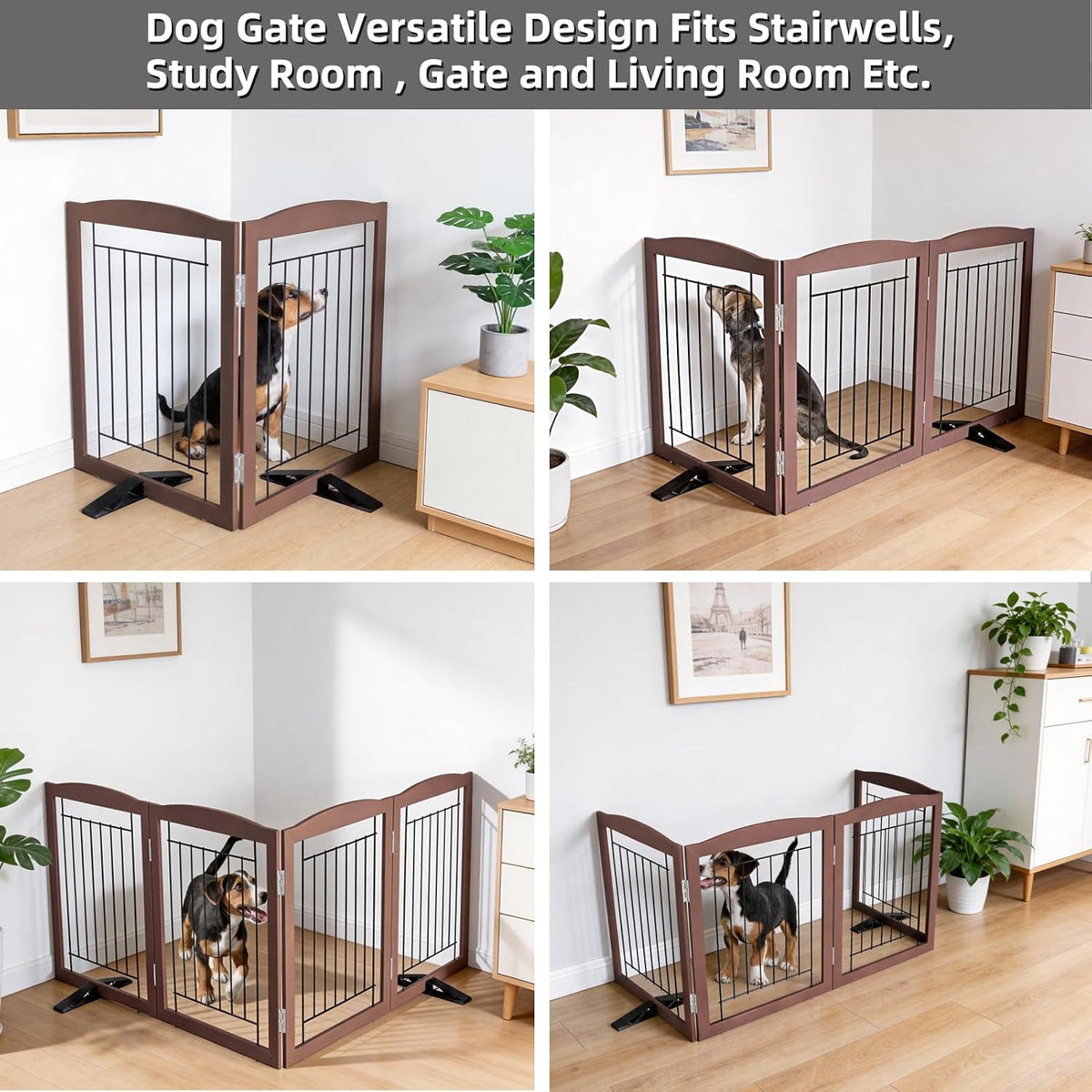 Freestanding Dog Fence Indoor, Foldable Dog Gate for Doorways, Stairs or Hallways, Sturdy Wood Extra Wide Pet Gate with Support Feet for The House, White, 24 "Height-3 Panels